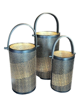 Set 3 stuks lanterns leather handle black/gold perforate